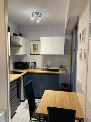 Cuisine ou kitchenette dans l'établissement Grand Studio proche mer avec piscine.
