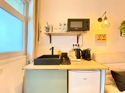 Cuisine ou kitchenette dans l'établissement Mini-Studio Le Cormoran SCLS - Wifi, Clim, Centre Ville