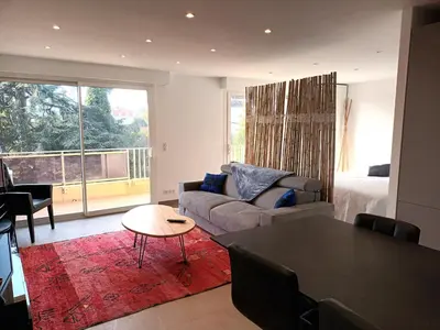 Coin salon dans l'établissement Le Cèdre Magnifique Appartement à Cannes