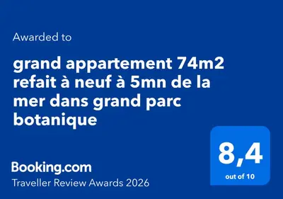 Certificat, récompense, panneau ou autre document affiché dans l'établissement grand appartement 74m2 refait à neuf à 5mn de la mer dans grand parc botanique