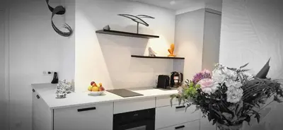 Cuisine ou kitchenette dans l'établissement Juan 4 prs, clim, 300m plage, piscine, parking