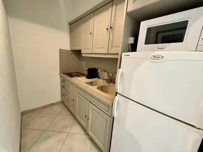 Cuisine ou kitchenette dans l'établissement 242 Cannes La Croisette - PALAIS MIRAMAR - Studio au calme coté jardin