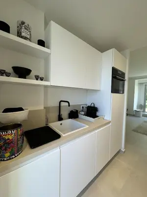 Cuisine ou kitchenette dans l'établissement Apt moderne et luxueux a Cannes Res Miramar