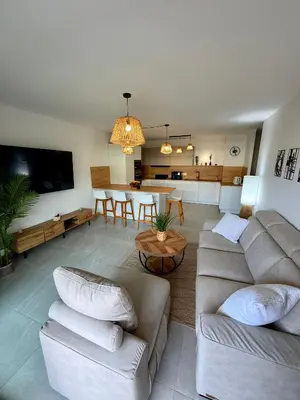 Coin salon dans l'établissement charmant 3 pièces neuf SUR JARDIN piscine débordement en Rooftop VUE MER ET MONTAGNES parking gratuit climatisation 2 CHAMBRES