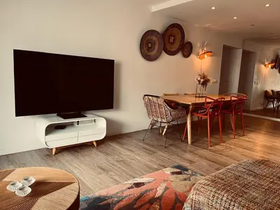 Télévision ou salle de divertissement dans l'établissement T3 pièces lumineux à à 1 min de la plage Quartier Palm Beach Cannes