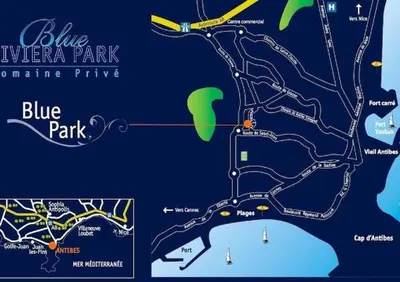 Plan de l'établissement Domaine Blue Park 2 pièces, piscine, jardin privé, climatisation, parking et vue