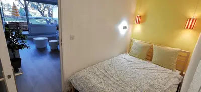 Un ou plusieurs lits dans un hébergement de l'établissement Escale en Méditerranée, swimmingpool, terrace,AC