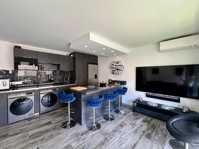 Cuisine ou kitchenette dans l'établissement Le Patio Bleu