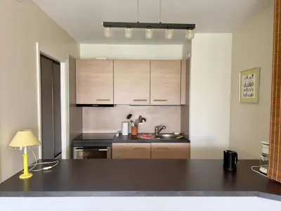 Cuisine ou kitchenette dans l'établissement Beau studio proche des plages piscine