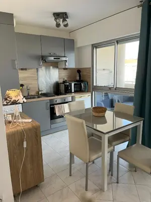 Cuisine ou kitchenette dans l'établissement Studio climatisé 3 mn plage du samedi au samedi Antibes juan les pins