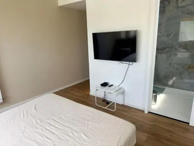 Télévision ou salle de divertissement dans l'établissement Sea view 4 people terrace 60 m & pool