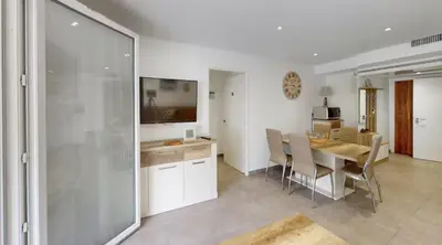 Télévision ou salle de divertissement dans l'établissement Lumineux 3 pièces avec terrasse et parking - proche plage