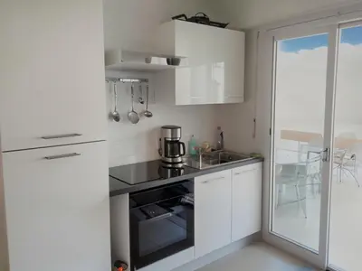 Cuisine ou kitchenette dans l'établissement LIONS Apartment with Quiet Terrace Walk to Croisette & Beaches, Central Cannes