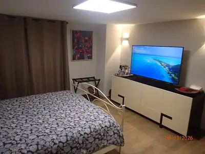 Télévision ou salle de divertissement dans l'établissement Chambre Privée avec Sauna