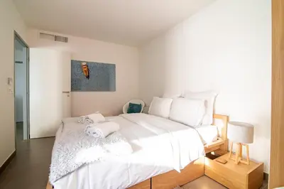 Un ou plusieurs lits dans un hébergement de l'établissement 66 Poincaré - Luxury apartment for 2 people - air conditioning, - parking