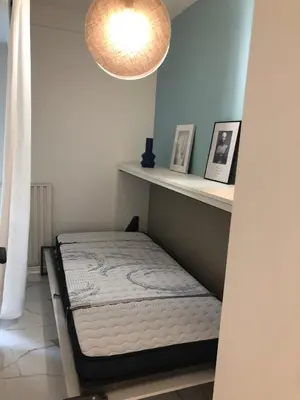 Un ou plusieurs lits dans un hébergement de l'établissement Studio contemporain à Cannes avec terrasse et parking - 35 m²
