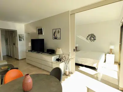 Télévision ou salle de divertissement dans l'établissement Appartement Moderne 4 Pers avec Clim et Parking, Villeneuve-Loubet Plage - FR-1-252A-36