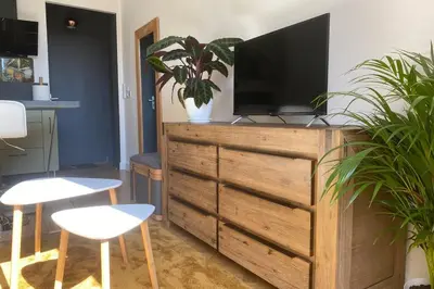 Télévision ou salle de divertissement dans l'établissement STUDIO NEUF ET PROCHE DES PLAGES DE JUAN LES PINS