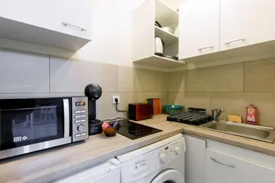Cuisine ou kitchenette dans l'établissement MIPIM Dispo Perle Rare Croisette A côté de l Hôtel Carlton Centre Croisette 5mn du Palais 4P Plage 1Mn