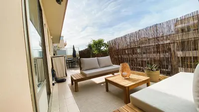 Coin salon dans l'établissement T2 Bricka La Terrasse de la plage, Moderne, équipé, Lumineux