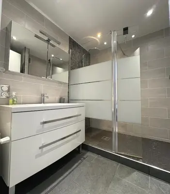 Salle de bains dans l'établissement Charming 2 room , 52 m2, very spacious, bright and near sea Martinez hotel