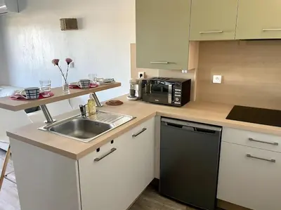 Cuisine ou kitchenette dans l'établissement Appartement vue mer, 5min à pied de la plage, parking privé